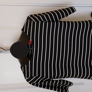 Black w/ OFF White Strips Short Sleeve Knee-Length Dress W/ Gold Accent Zipper